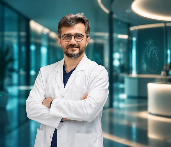 Op. Dr. Cemal Aslan, beyaz önlükle ve kollarını kavuşturmuş halde, aydınlık bir hastane koridorunda